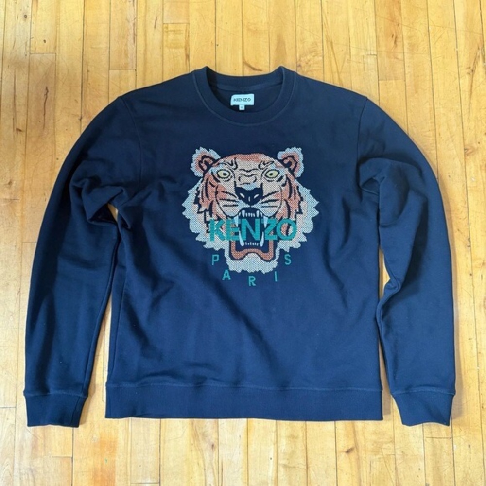 Kenzo Blue Crewneck Sweater with Tiger Embroidery